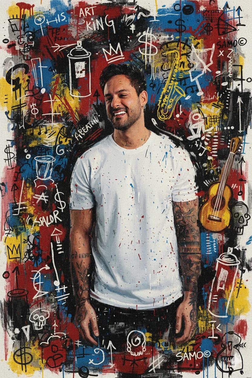 Artistic portrait of Rodrigo Deac, Basquiat-style