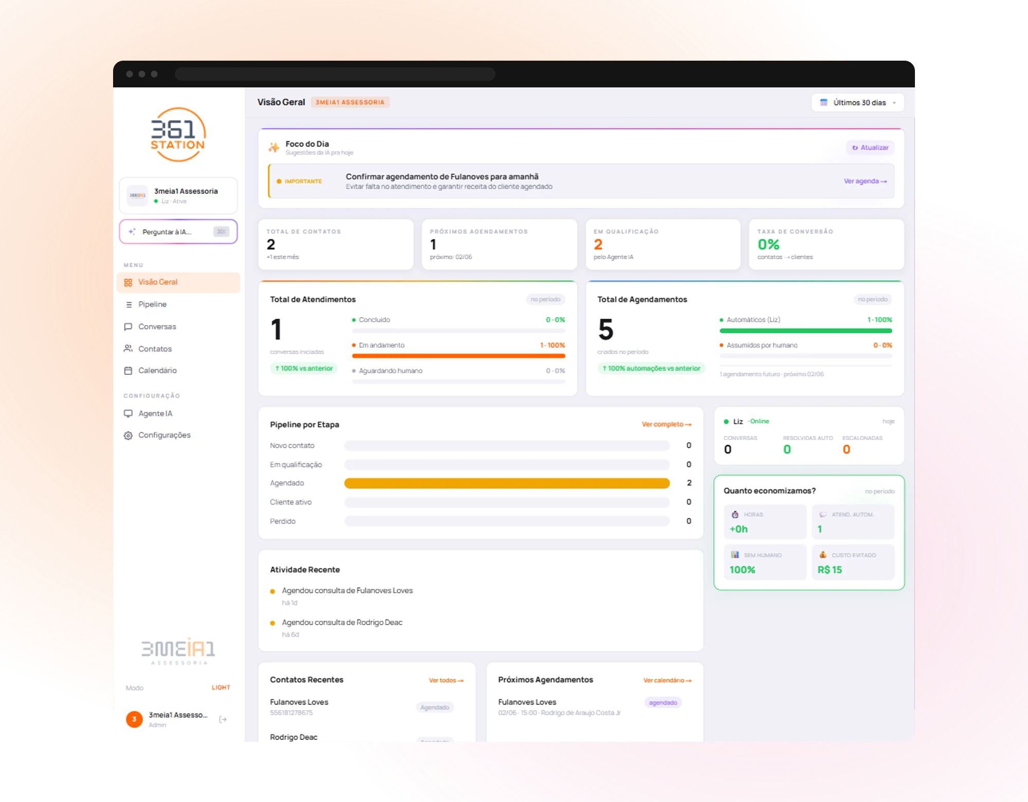 Real 361 STATION dashboard: overview with AI-suggested Focus of the Day, conversations, bookings and savings