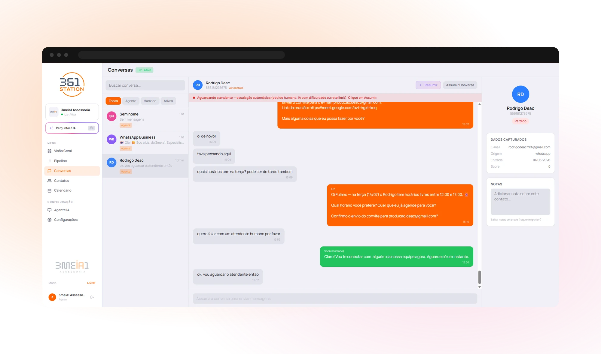 Real conversation in 361 STATION: AI agent Liz offers time slots, books and sends the Google Meet invite; a human takes over in one click