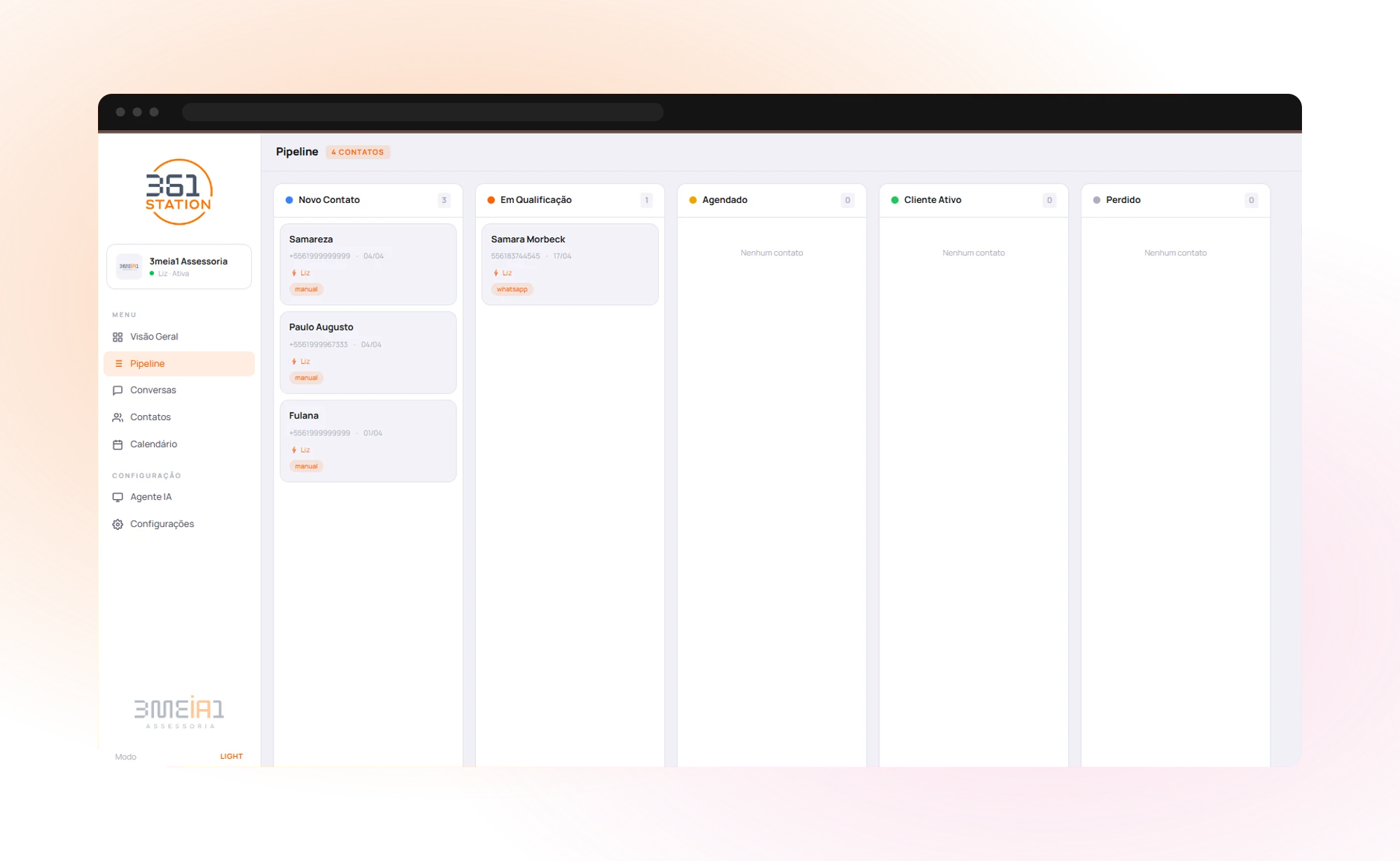 361 STATION kanban sales pipeline with New Contact, Qualifying, Booked, Active Client and Lost stages