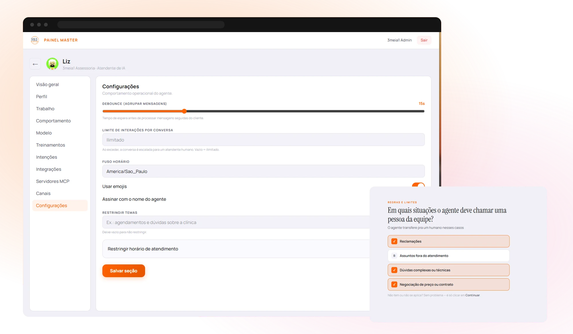 Master Panel configuring agent Liz: behavior, limits, timezone, and the escalation-rules wizard