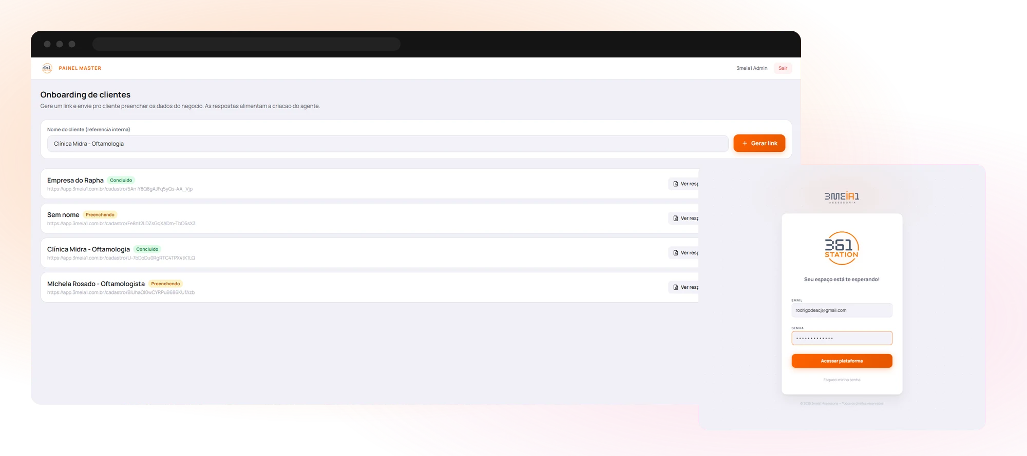 361 STATION client onboarding: white-label signup link generator and the platform login screen