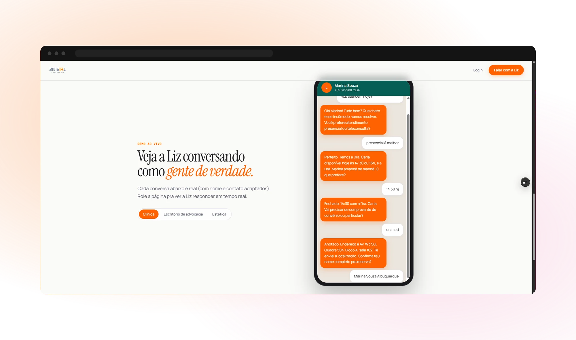 Website demo section: "Watch Liz chat like a real person", with a real conversation in a phone mockup