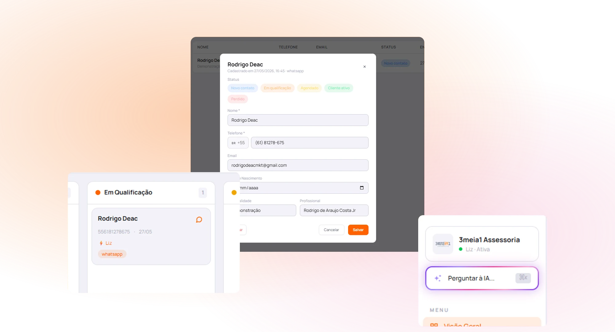 361 STATION interface details: contact modal, kanban card and the Ask AI field