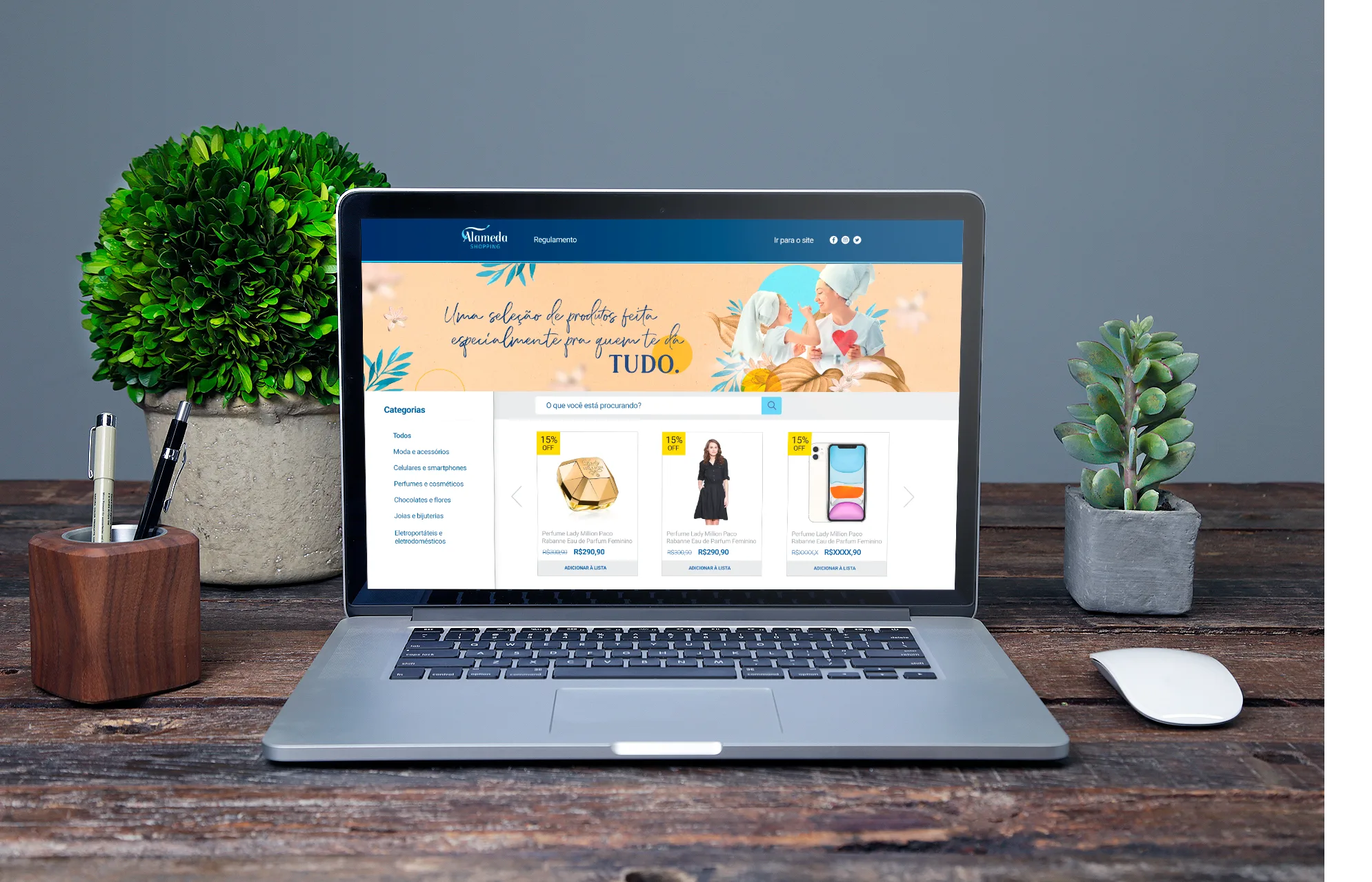 Vitrine digital em notebook - landing page com catálogo de ofertas das lojas