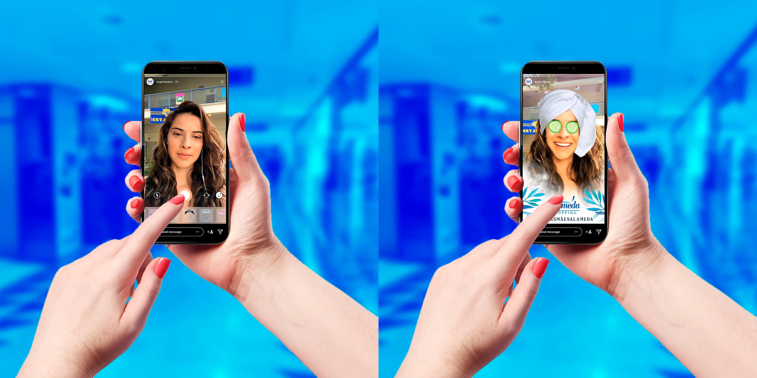 Antes e depois do filtro de Instagram - selfie normal e selfie com toalha e pepinos em realidade aumentada