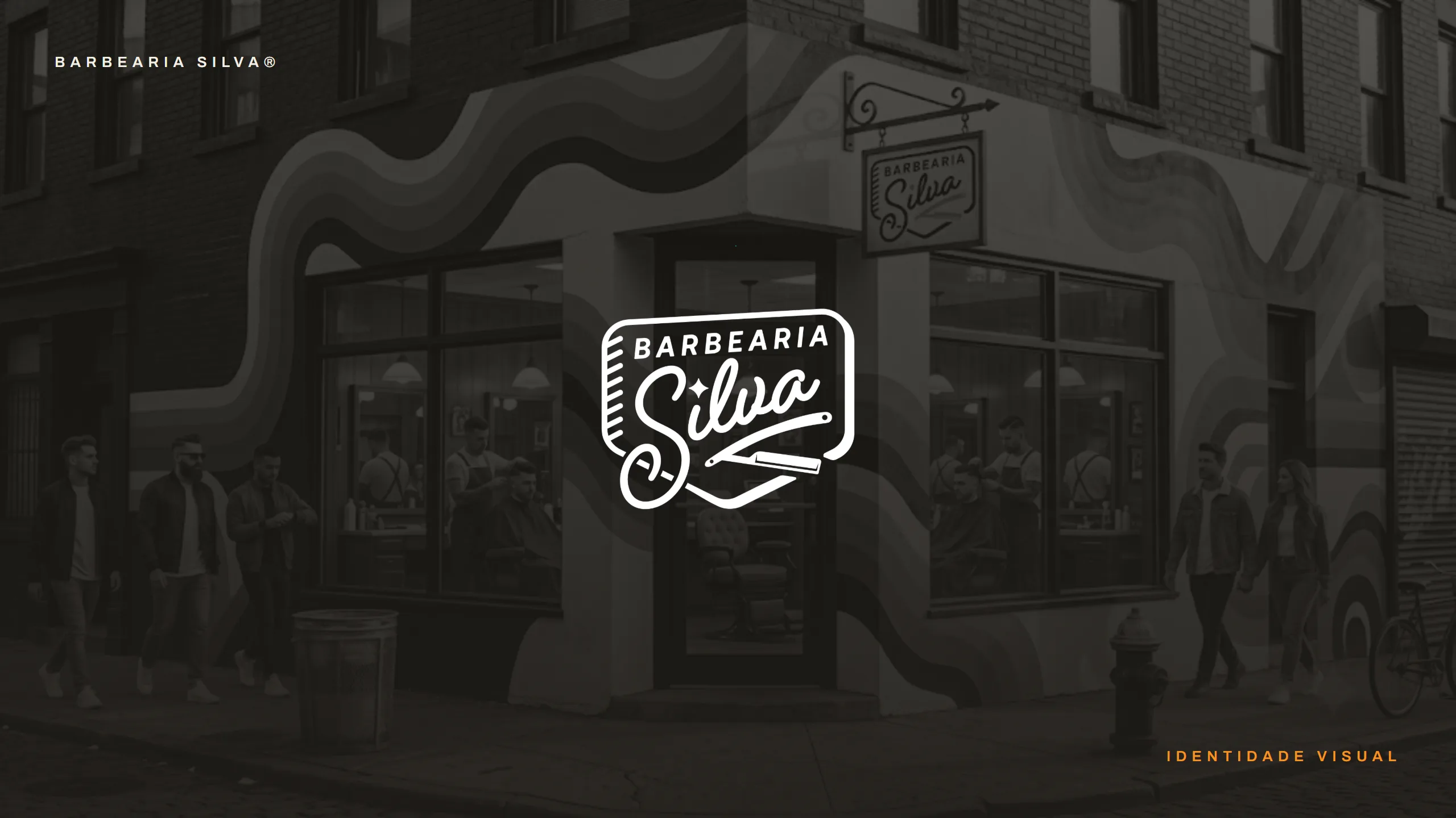 Logo branco sobre fotografia duotone da barbearia