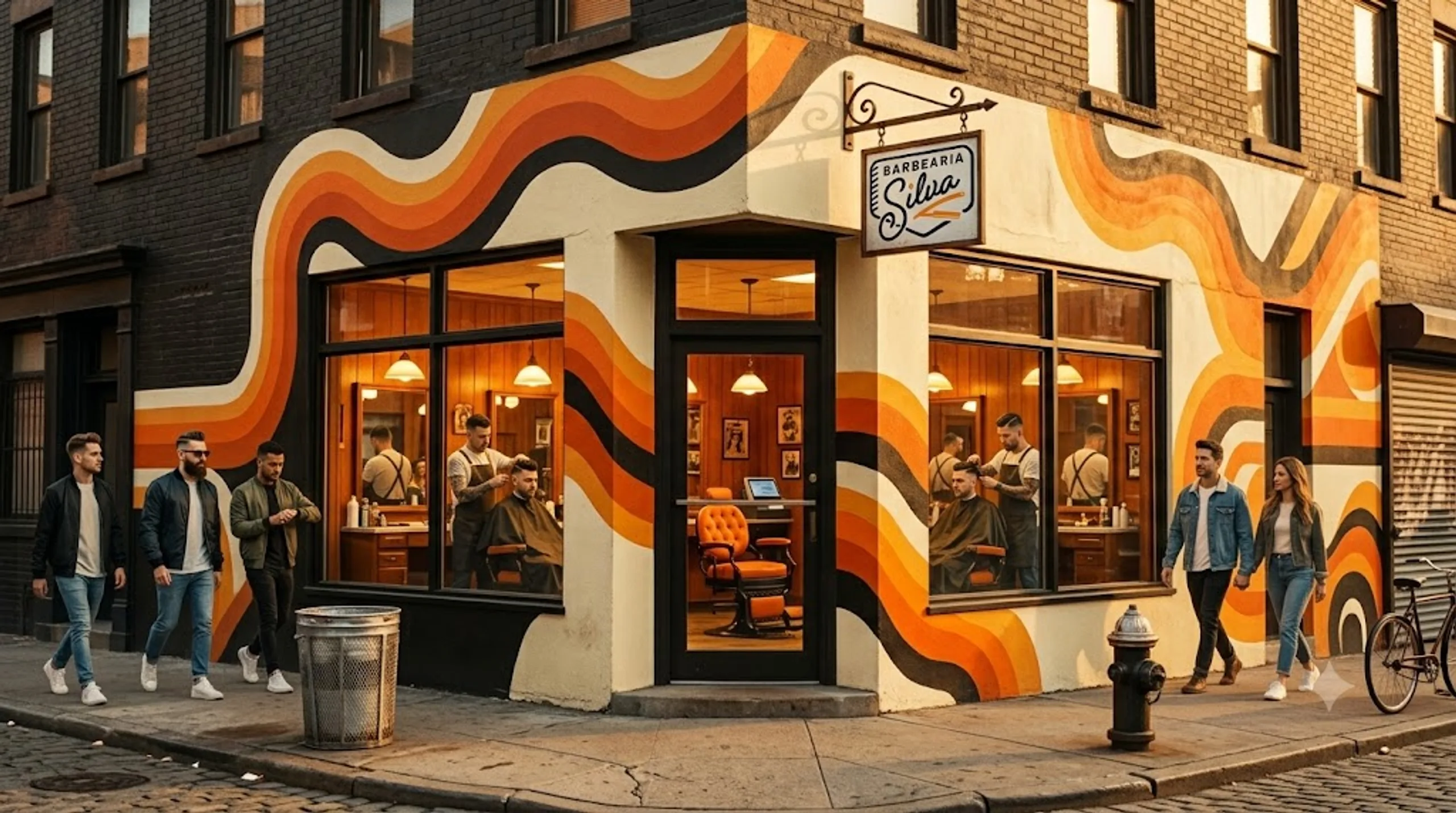 Fachada de esquina com supergrafismo laranja anos 70