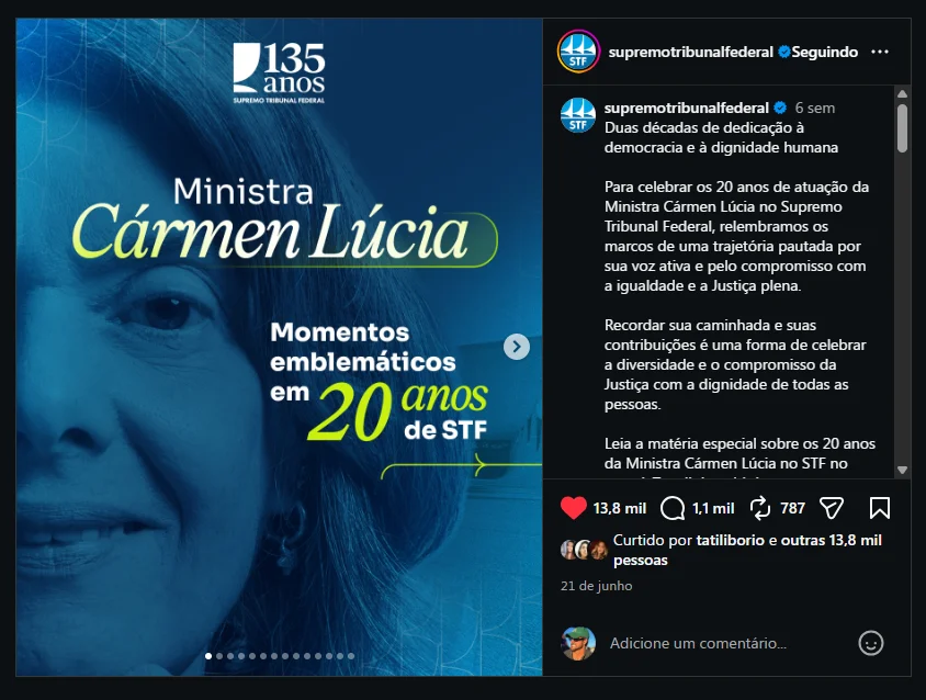Screenshot of the STF Instagram post: Justice Cármen Lúcia's 20 years at the Court, with 13.8K likes