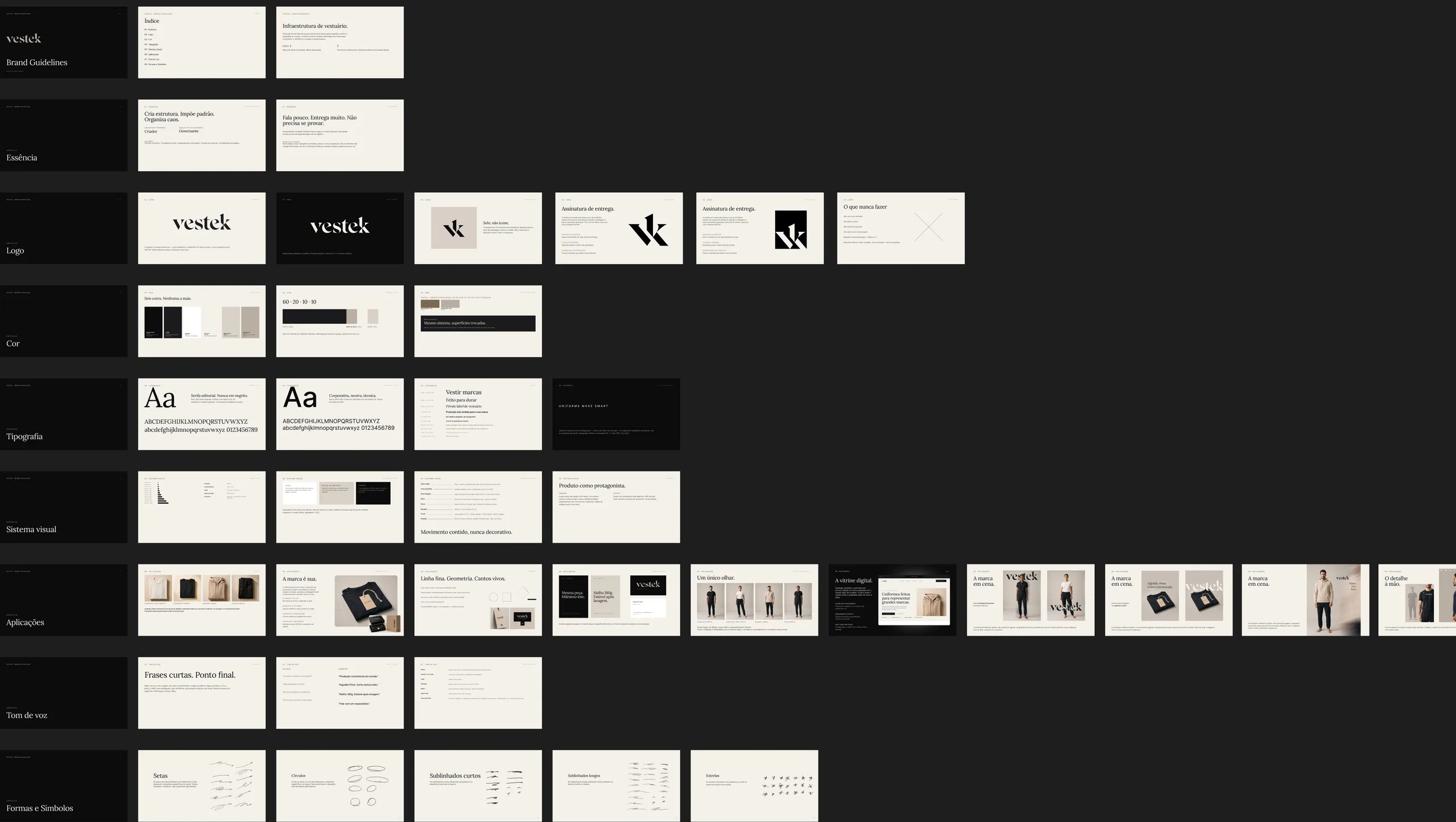 Figma canvas with the full brandbook - essence, logo, color, typography, visual system, applications and tone of voice