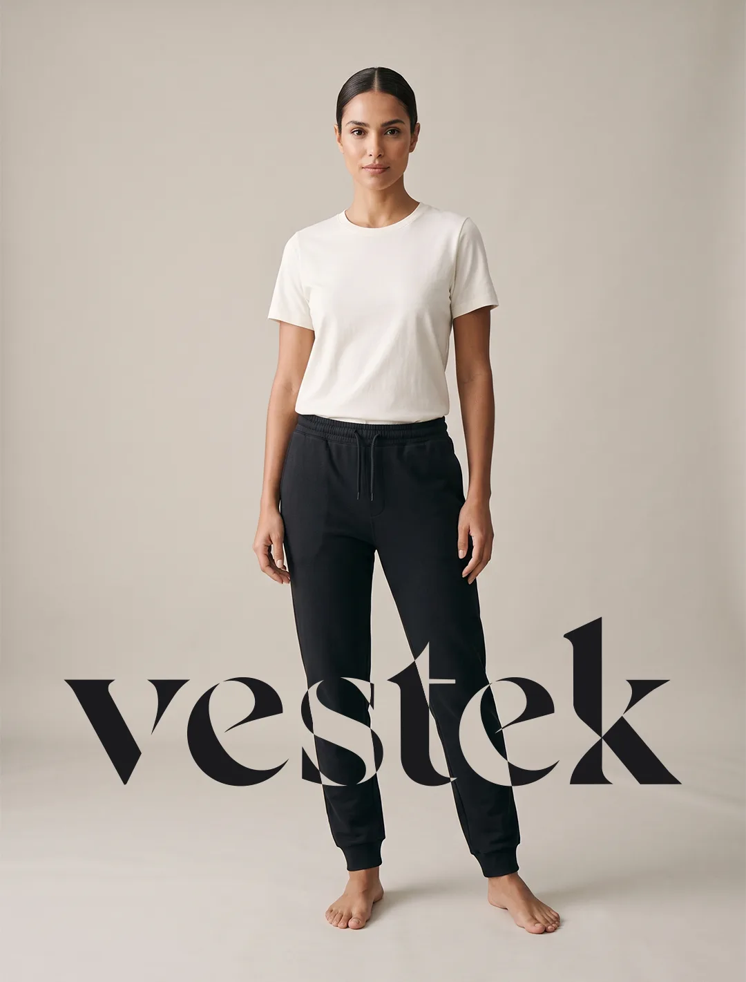 Editorial - off-white tee and black joggers with wordmark at the base