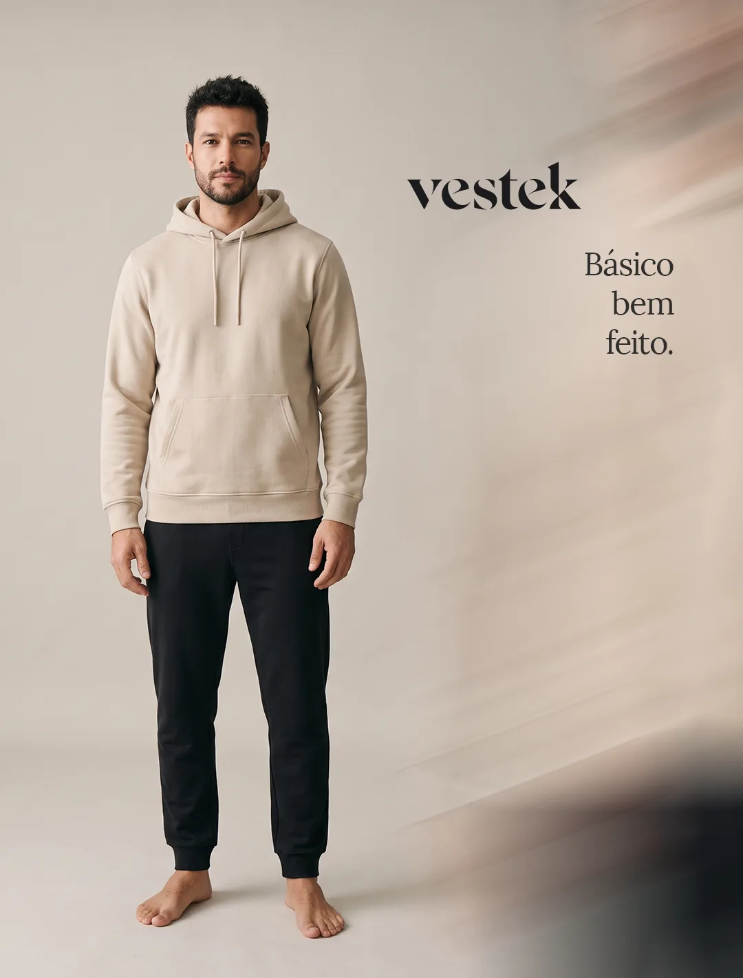 Editorial - sand hoodie with the headline Well-made basics