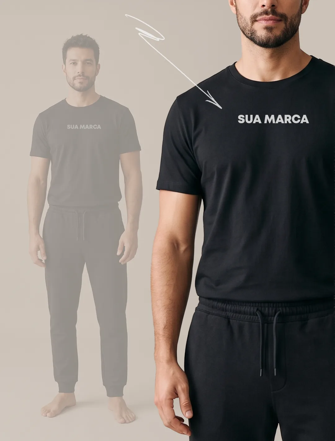 Zoom on black tee with Your Brand placement on the chest