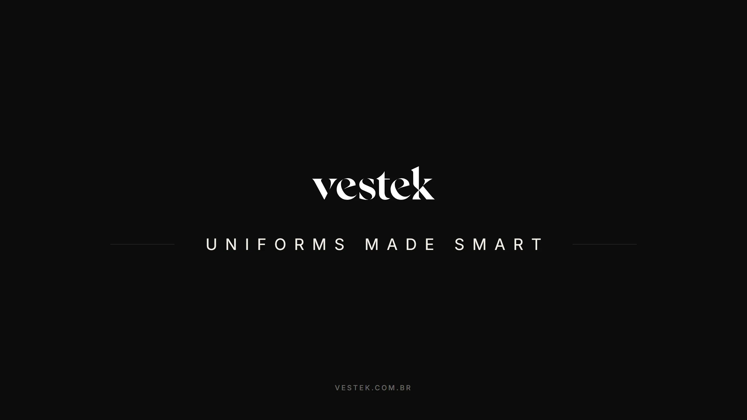 Closing signature - vestek wordmark and Uniforms Made Smart tagline on black